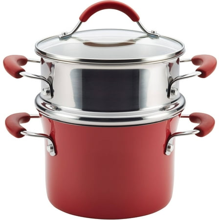 Meyer Rachael Ray Covered Pot - Rachael Ray Cucina Hard Porcelain Enamel Nonstick 3-Qt Covered Multi-Pot Set with Steamer, Cranberry Red