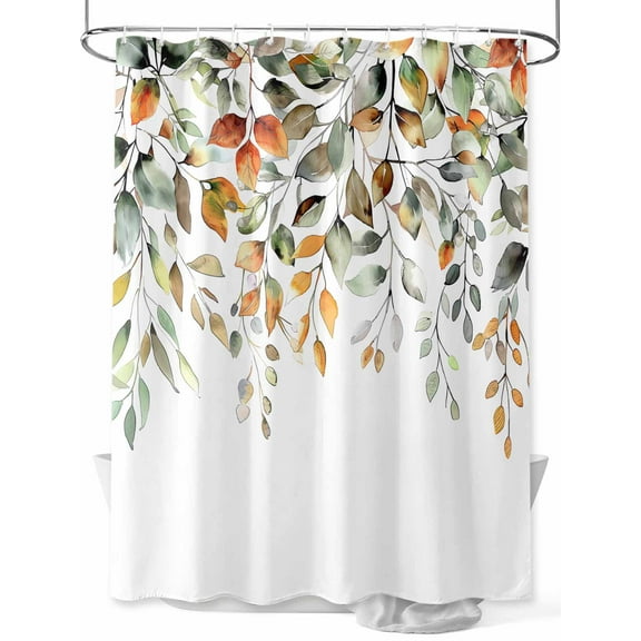 Shower Curtain Orange Leaves Shower Curtains for Bathroom, Waterproof Polyester Shower Curtain Set with Hooks, Stall Long Size 54"x78" Autumn Green Leaf White