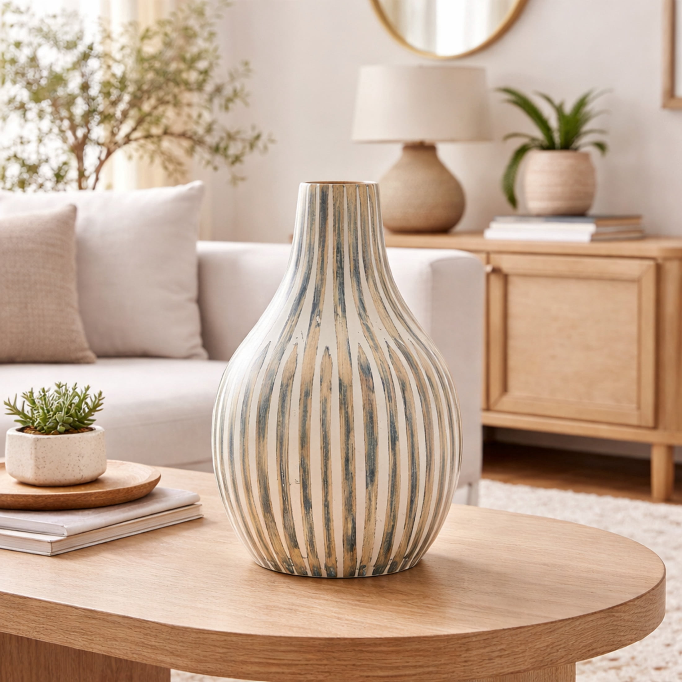 DecMode 16" Brushed Blue Bamboo Wood Vase with Cream Accents and White Stripes