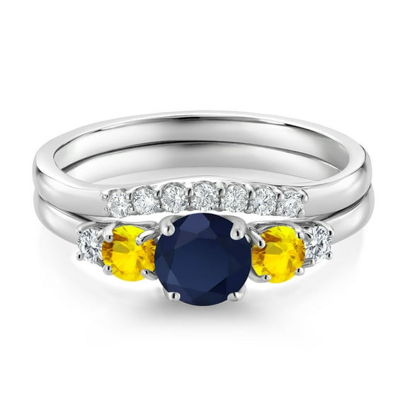 Gem Stone King 10K White Gold Blue Sapphire Yellow Sapphire and White Lab Grown Diamond 5 Stone Bridal Engagement Wedding Ring Set for Women (0.98 Cttw, Round: 5MM and 3MM, Size 7)
