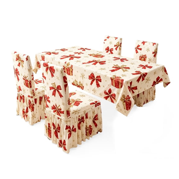 Christmas Tablecloth With 1 Chair Covers Waterproof Stain Polyester Dining Table Cover And Elastic Chair Slipcovers Holiday Party Decor With Snowflake