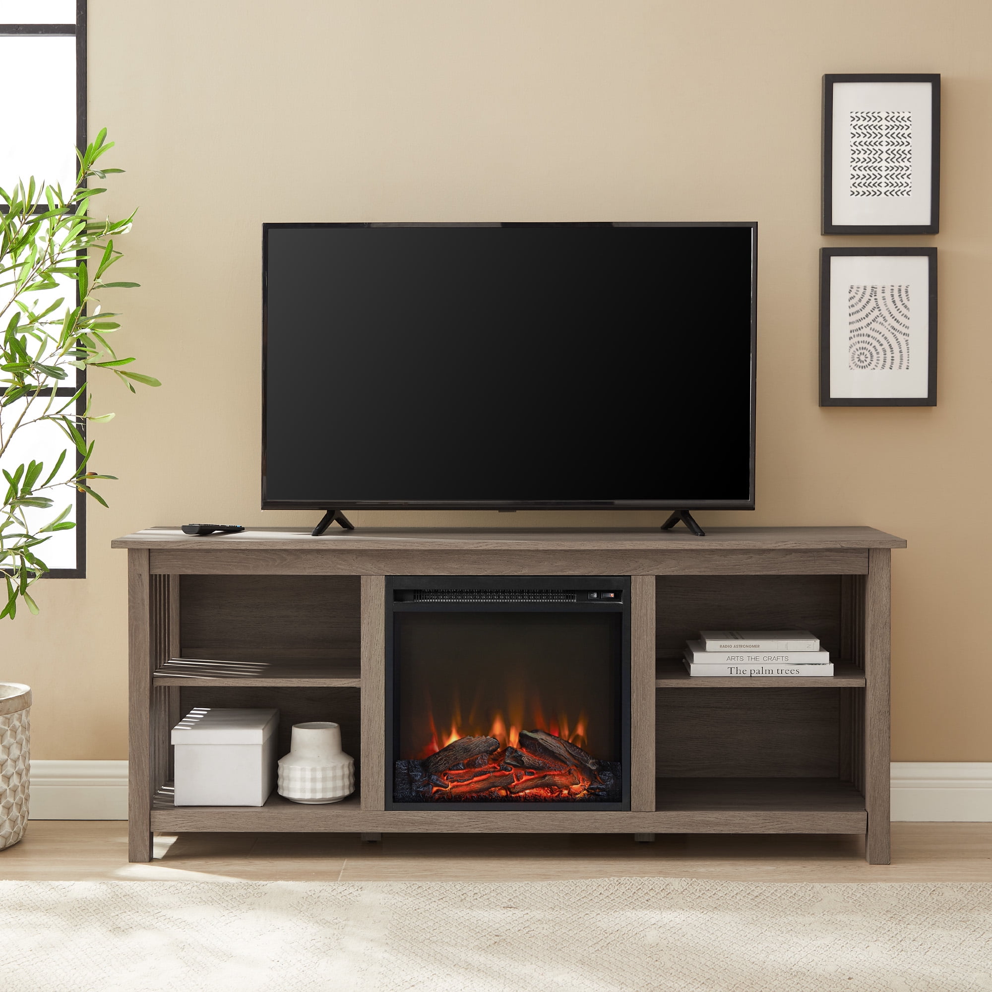 Walker Edison Mission Electric Fireplace TV Stand for TVs up to 65”, Driftwood