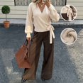 thumbnail image 5 of Women's Wrap V-Neck Knit Sweater, Side Tie Waist Cropped Top with Puff Long Sleeves, Soft Lightweight Ribbed Casual Pullover for Fall Winter Commuting Date Night Daily Wear Beige, 5 of 9
