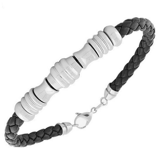Stainless Steel Black Leather Silver-Tone Men's Bracelet with Clasp