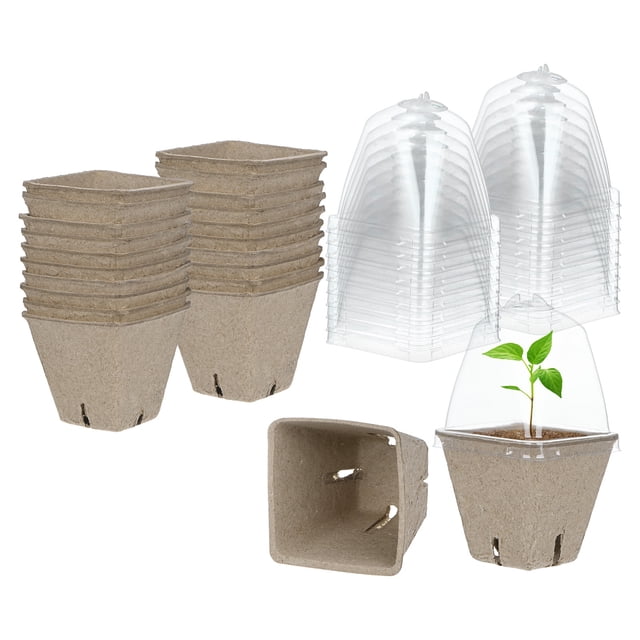 Uxcell 40-Pack Peat Pots, 2.36-inch square garden germination nursery pots made of paper pulp adhesive with holes and transparent humidity domes. Includes 40 pots and lids, suitable for growing fruits, vegetables, plants, and flower seeds indoors or outdoors. Ideal for starter trays, these single-use biodegradable pots decompose in soil to nourish plants.
