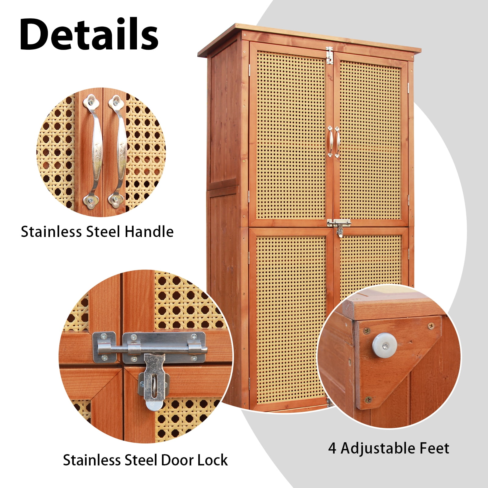 60.6" Storage Cabinet, Wooden Garden Shed with Rattan Doors & Waterproof Roof for Garden, Lawn, Patio - Brown