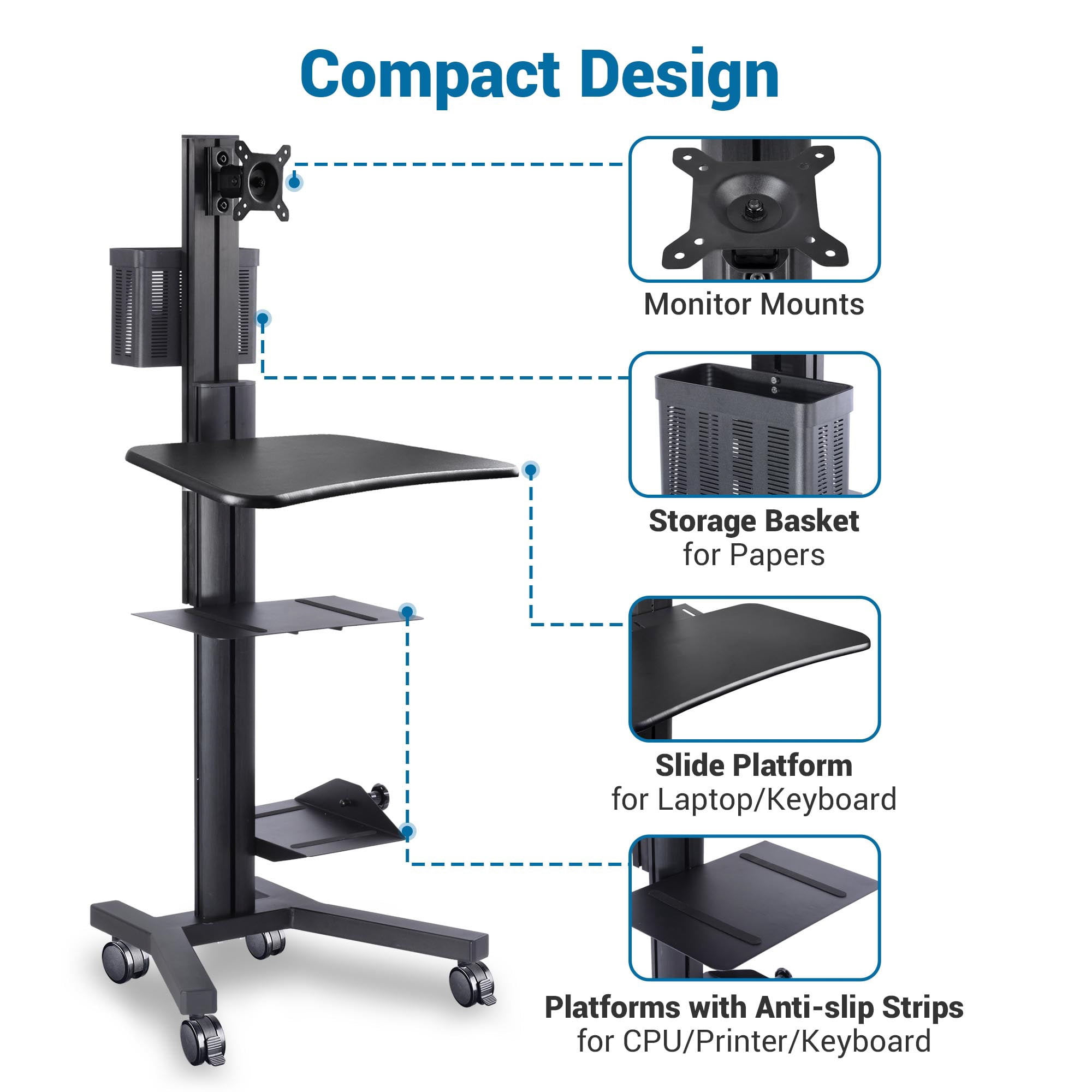 Yescom NexusX Core Mobile Computer Cart PC Stand Workstation on Wheels Monitor Mount Adjustable Hospital Office ANSI/BIFMA X5.5-2021 Certificated