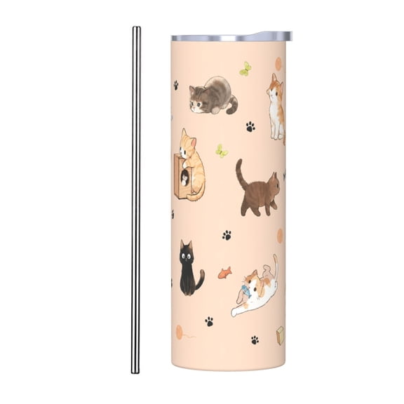 20oz Cute Cartoon Cat Car Tumbler Insulated Travel Cup with Handle and Straw Lid Cat Lover Gift with Stainless Steel Straw