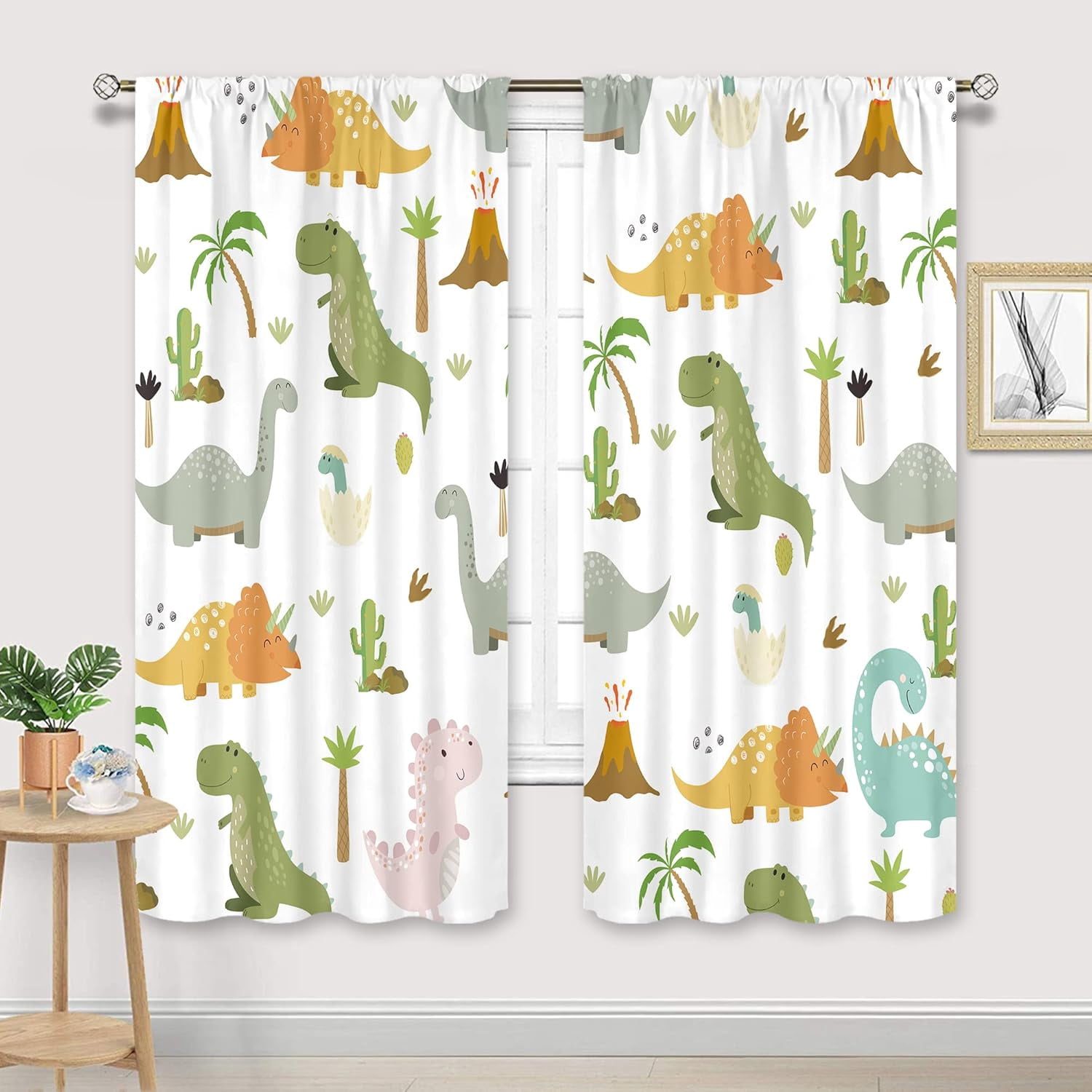 Kids Dinosaur Curtains 42W x 63H Inch Rod Pocket Colorful Cute Cartoon Dino for Baby Boys Funny Animals Toddler Room Decor Nursery Safari Wildlife Printed Bedroom Window Drapes Fabric 2 Panel