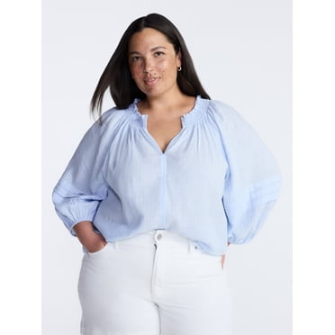 Terra & Sky Women’s Plus Linen Blend Blouse with Elbow Length Puff Sleeves, Sizes 0X-5X