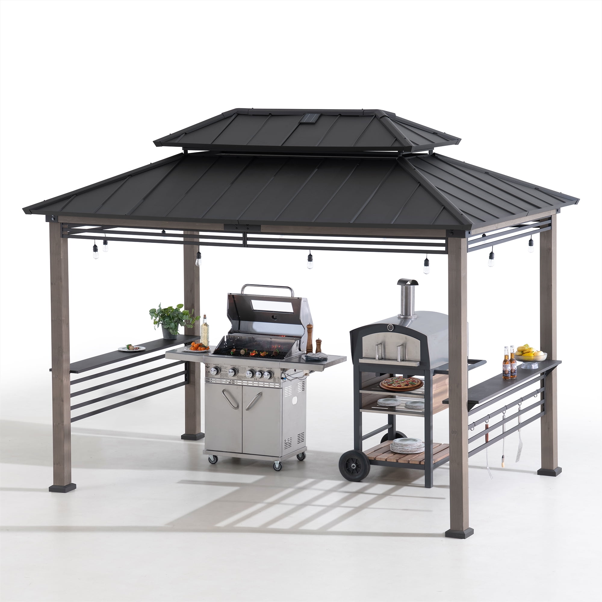 Sunjoy 8 X 12 ft. Outdoor Gazebo Hardtop Grill Gazebo Wood Frame with  DC Solar Power,Black