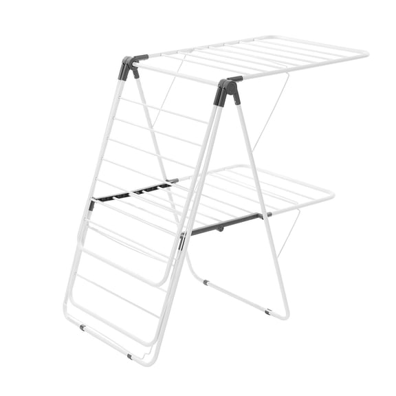 Foldable 2-Tier Laundry Drying Rack, 31 Rods with Sock Clips, Adjustable Height White Metal Dryer Stand for Indoor/Outdoor
