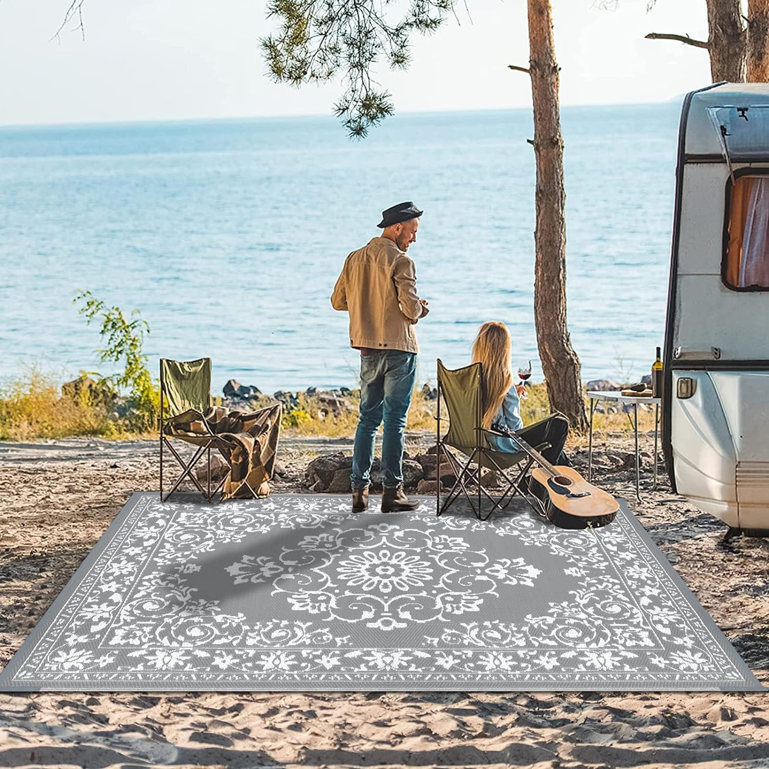 Findosom 8'x10' Boho Mandala Outdoor Rug Patio Rug Large Reversible Plastic Straw Rug RV Outdoor Mat Waterproof Foldable Portable Camping Mat for RV,Patio,Backyard,Deck,Picnic,Beach Gray