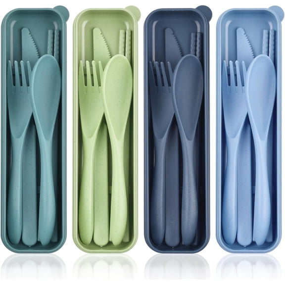 FULANDL 4 Sets Reusable Utensils Set with Case,Portable Travel Cutlery Set, Wheat Straw Flatware Camping Eating Utensils Sets for Daily Use or Outdoor