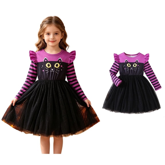 Toddler Girls Cat Long Sleeve Tutu Tulle Dresses Kids Dress up Halloween 3-4 Years