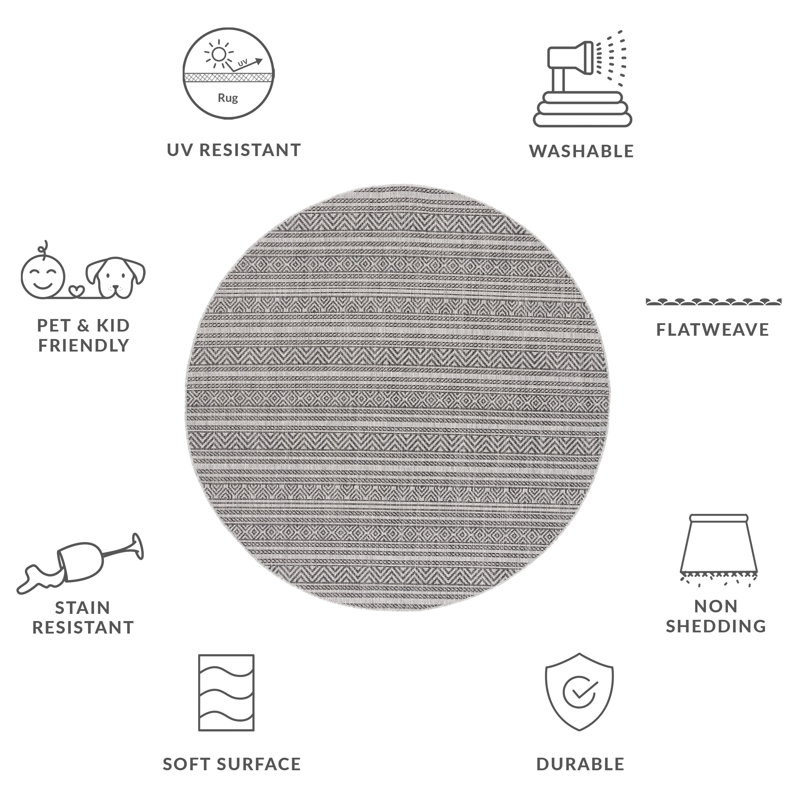 SAFAVIEH Courtyard Everette Geometric Indoor/Outdoor Area Rug, Black/Grey, 5'3" x 5'3" Round