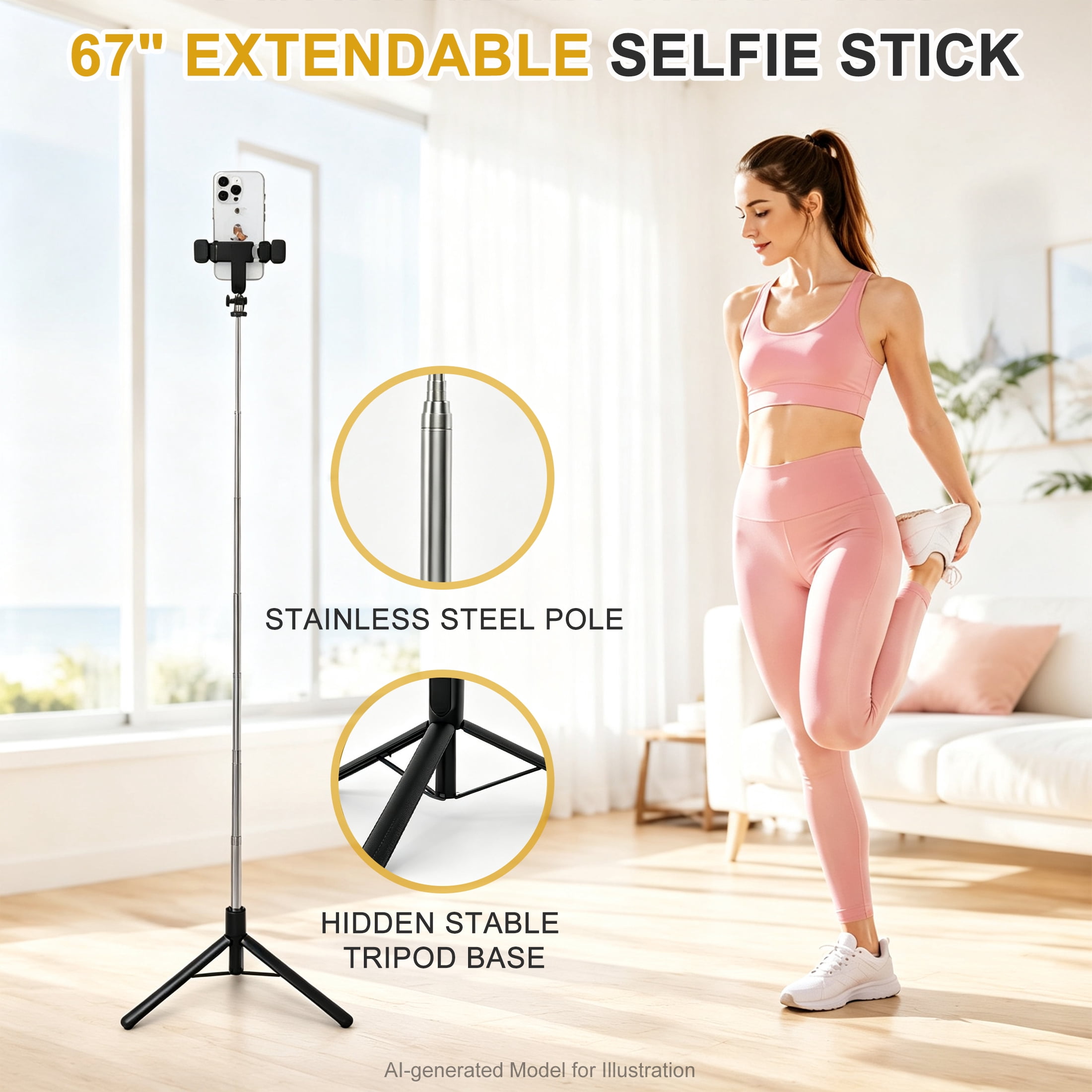 GARITIN Selfie Stick Tripod for Phone with Remote Control & Holder, Black