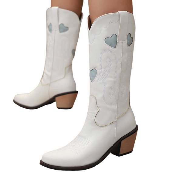 Womens Heart Patch Cowboy Boots 2025 Fashion Casual Leather Wide Mid Calf Cowgirl Boots Winter Fall Pointed Toe Stacked Heel Western Tall Boots White