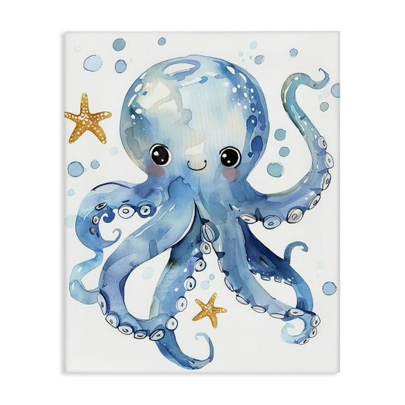 Stupell Industries Happy Smile Octopus Animals Painting Wrapped Canvas Art Print Wall Art, 16 x 20