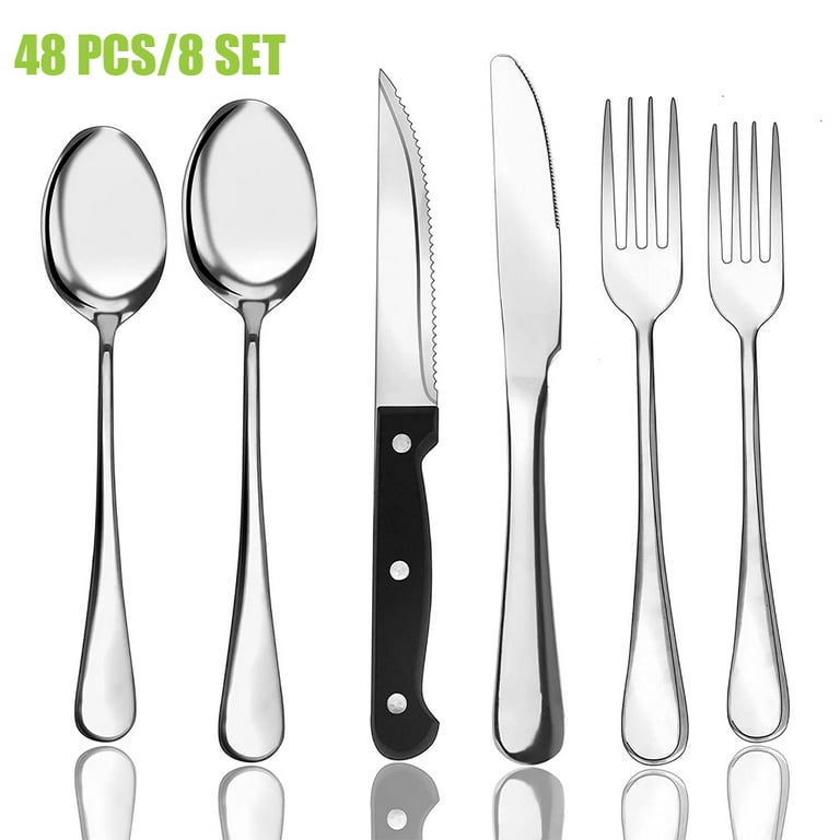 LIANYU 53-Piece Matte Black Silverware Set with Steak Knives and Serving  Utensils, Modern Stainless Steel Flatware Cutlery Set for 8, Fancy Eating