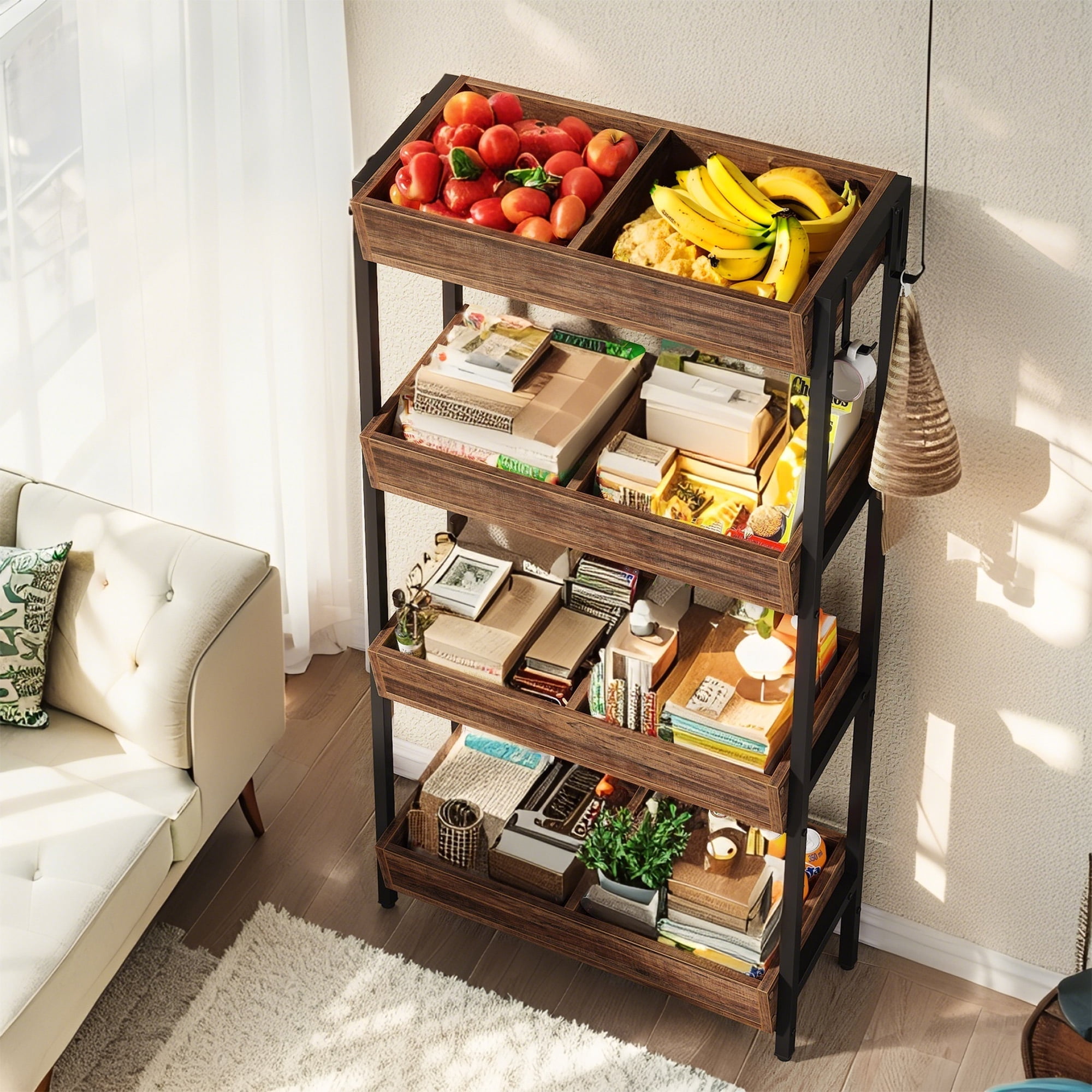 MAYEERTY 8-Bin Fruit Vegetable Storage Rack Wooden Stand for Kitchen & Supermarket