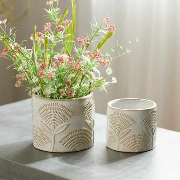Melrose Etched Floral Porcelain Planters - 5.5" - White and Beige - Set of 2