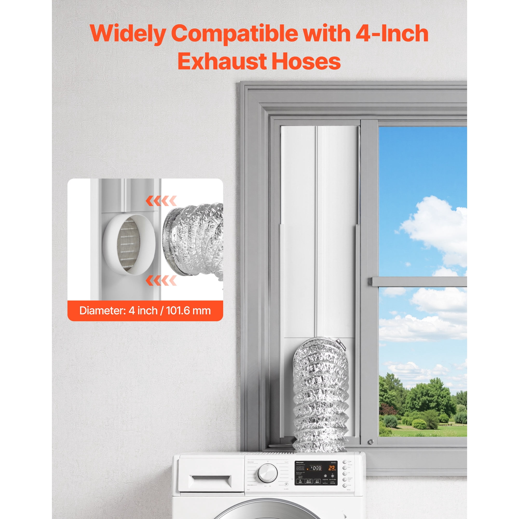 KFFKFF Dryer Vent Window Kit, Compatible with 4-Inch Exhaust Hoses, Adjustable Length for Sliding Windows of Various Heights, Durable PVC and PP Construction