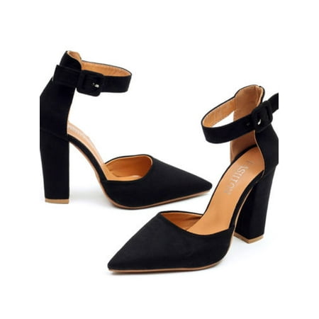 Womens Pointed Toe Sandals Block High Heels Pumps Ankle Strappy (Best Black High Heels)