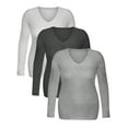 thumbnail image 4 of Essential Basic Women's Junior Size Vneck Tshirt Long Sleeves Shirt Tee, Medium, 3Pk White, HthCharcoal, HthGray, 4 of 5