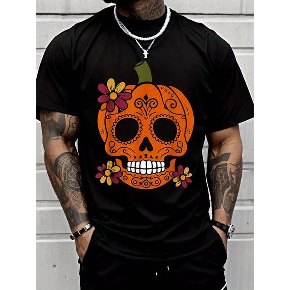 100% Cotton Sugar Skull Pumpkin Mexican Halloween Dia De Los Muertos T-Shirt Street Hip-Hop Style Men's T-Shirt