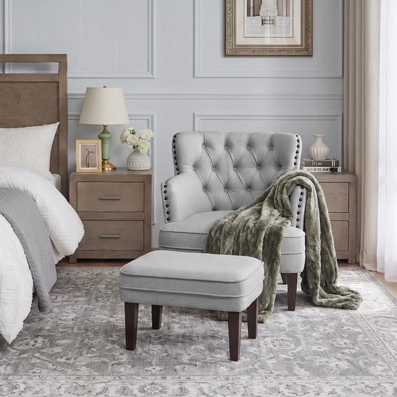 L'AGRATY Tufted Accent Chair Set with Ottoman, 28.4" Wide Armchair & Footrest Combo, Ideal Leisure Seating for Bedroom, Living Room, or Study (1 Chair   1 Ottoman)，Grey