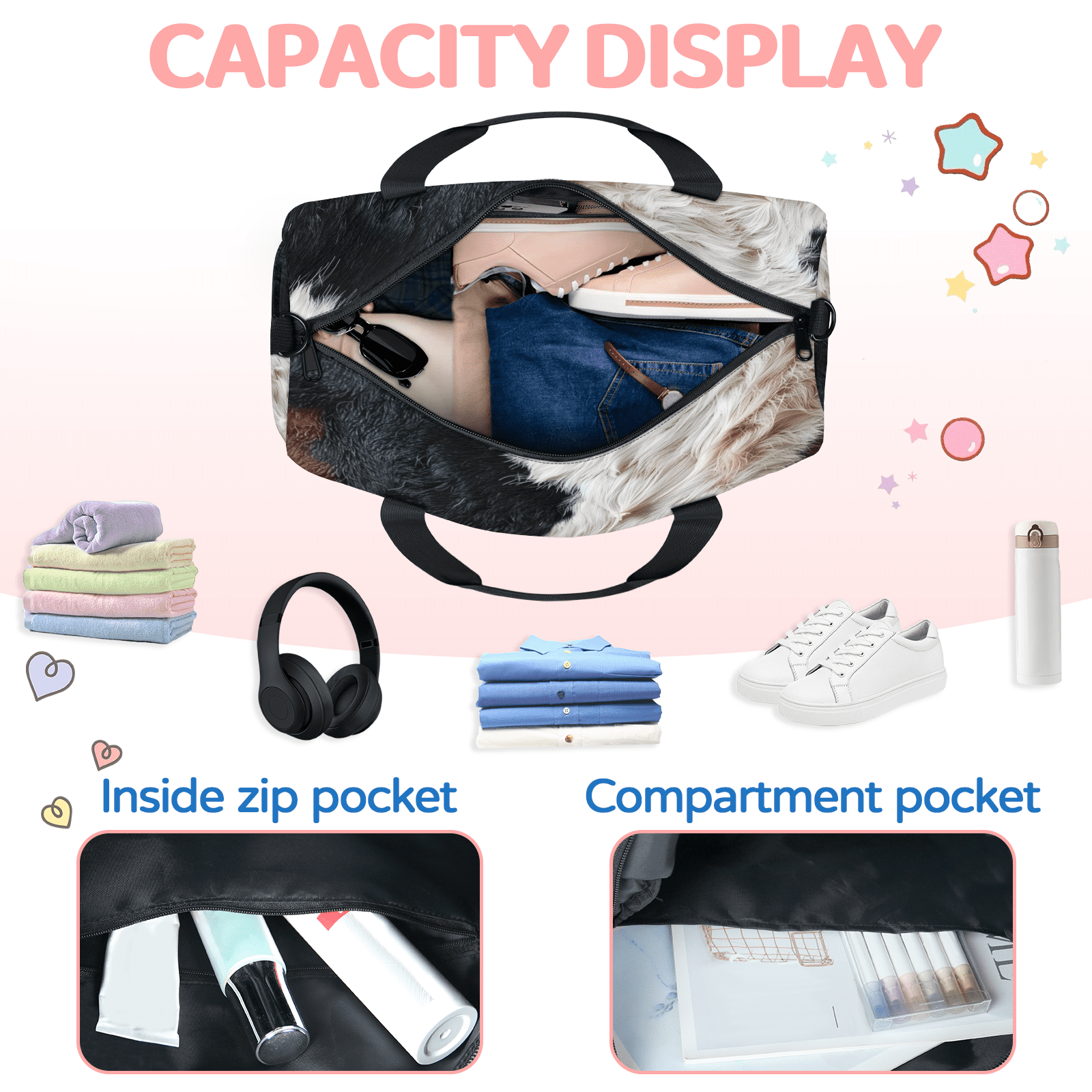 Herdesigns Western Cow Print Gym Bag for Women, Duffle Bag for Travel Sport, Lightweight Waterproof Carry on Weekender Overnight Dance Yoga Workout Bags