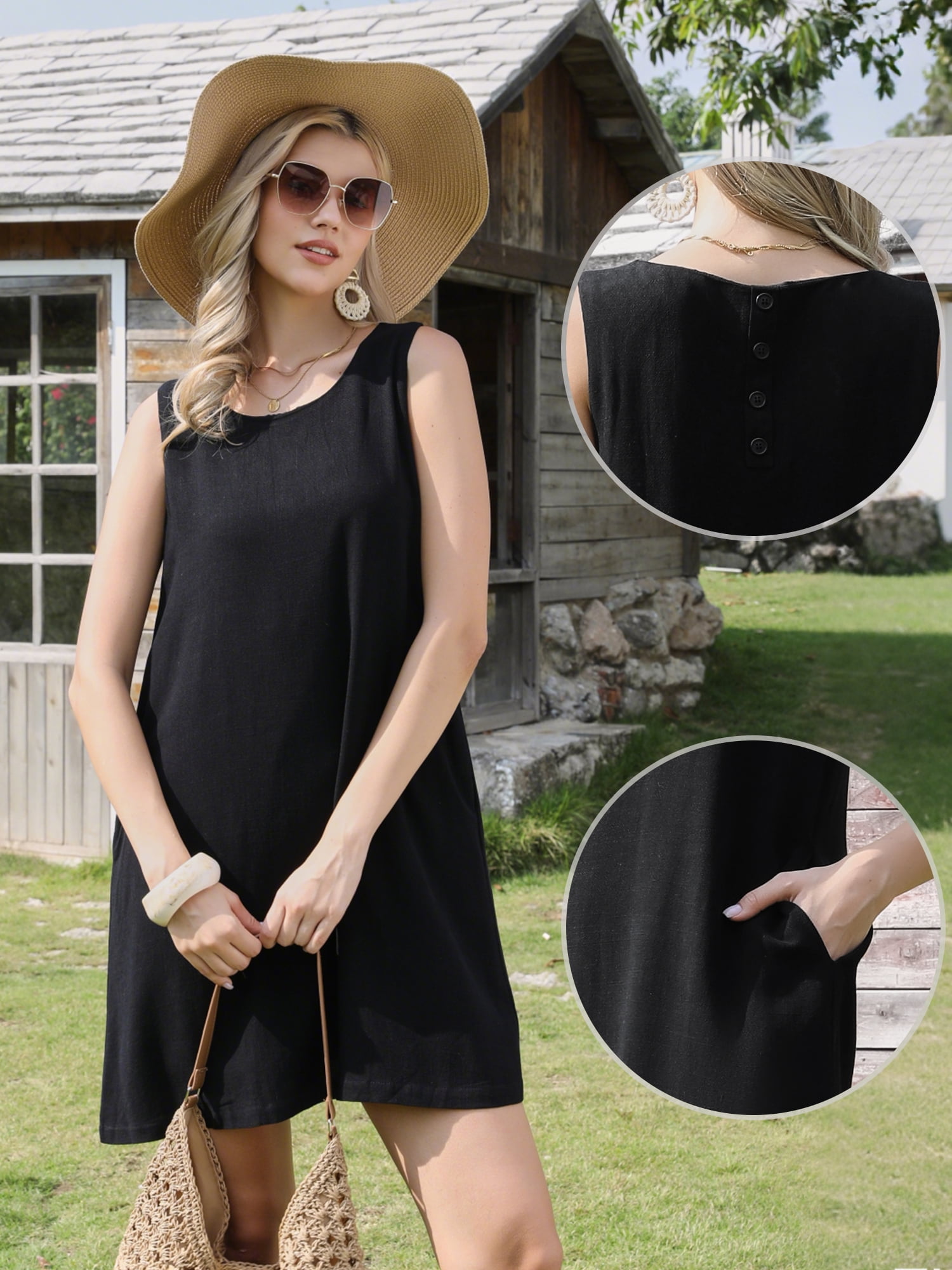 DARING DIVA Women's Sleeveless Linen Shift Casual Dress With Pockets M Black