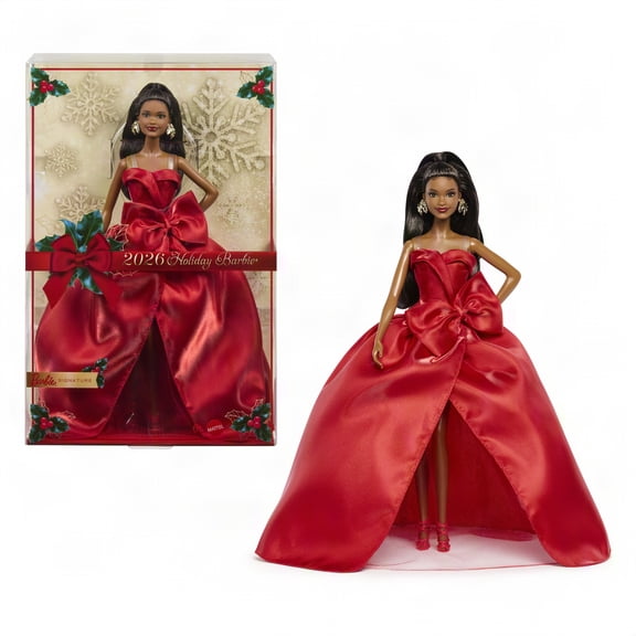 Barbie Signature 2026 Holiday Barbie Fashion Doll, Seasonal Collector, Black Hair with Red Gown with Bow Detail