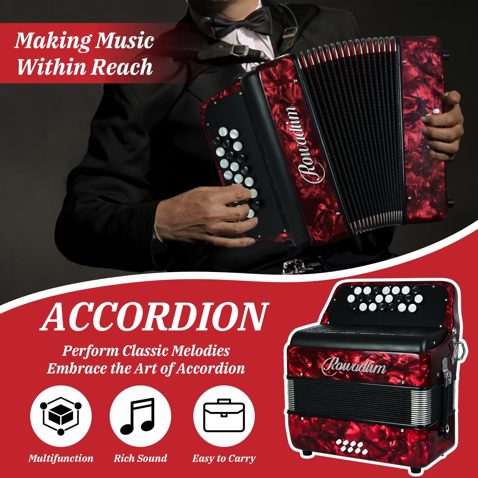 Rowadtim 22 Keys Accordion, 8 Bass Student Piano Accordions Suitable for Beginners and Students; Lightweight and Portable,  with  Backpack and Adjustable Straps (Red)