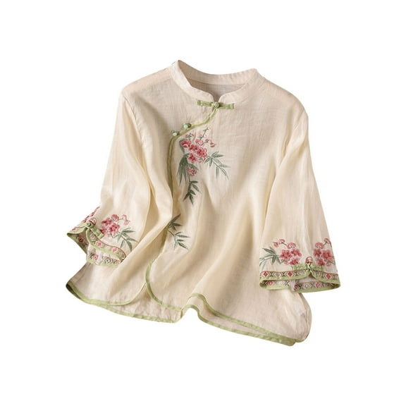 MIXUE Womens Summer Tops Floral Embroidered Round Neck Long Sleeve Loose Fashion Casual Shirts For Women Tee Shirts Daily-Wear,Beige,XXL