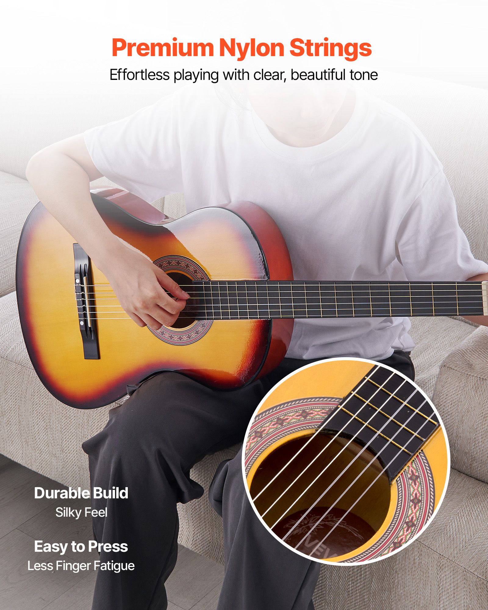 VEVOR 38in Classical Guitar,Wood Guitar Starter Kit for Beginners, with Nylon Strings, Gig Bag, Strap, Tuner, Extra String, Pick, Capo, Basswood,for Teenagers Adults Students, Sunburst