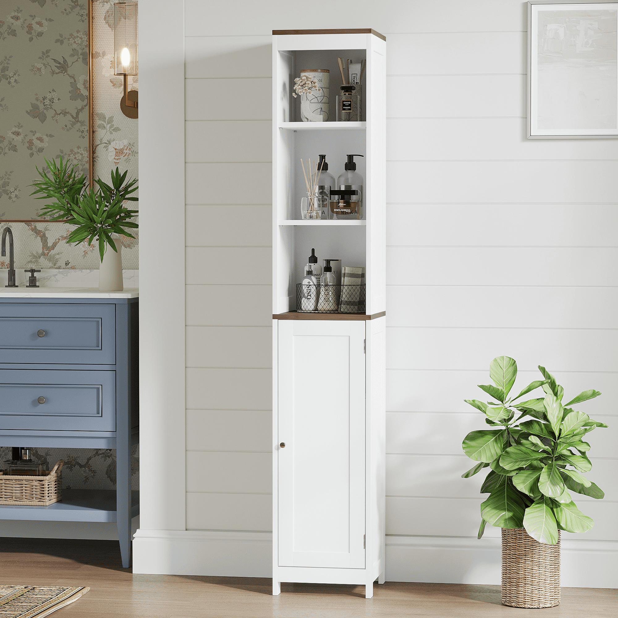 Tall Bathroom Storage Cabinet with Reversible Door, Freestanding Linen Tower with Open Shelves and Enclosed Cabinet, Narrow Floor Cabinet Organizer for Bathroom, Laundry Room or Small Spaces – White