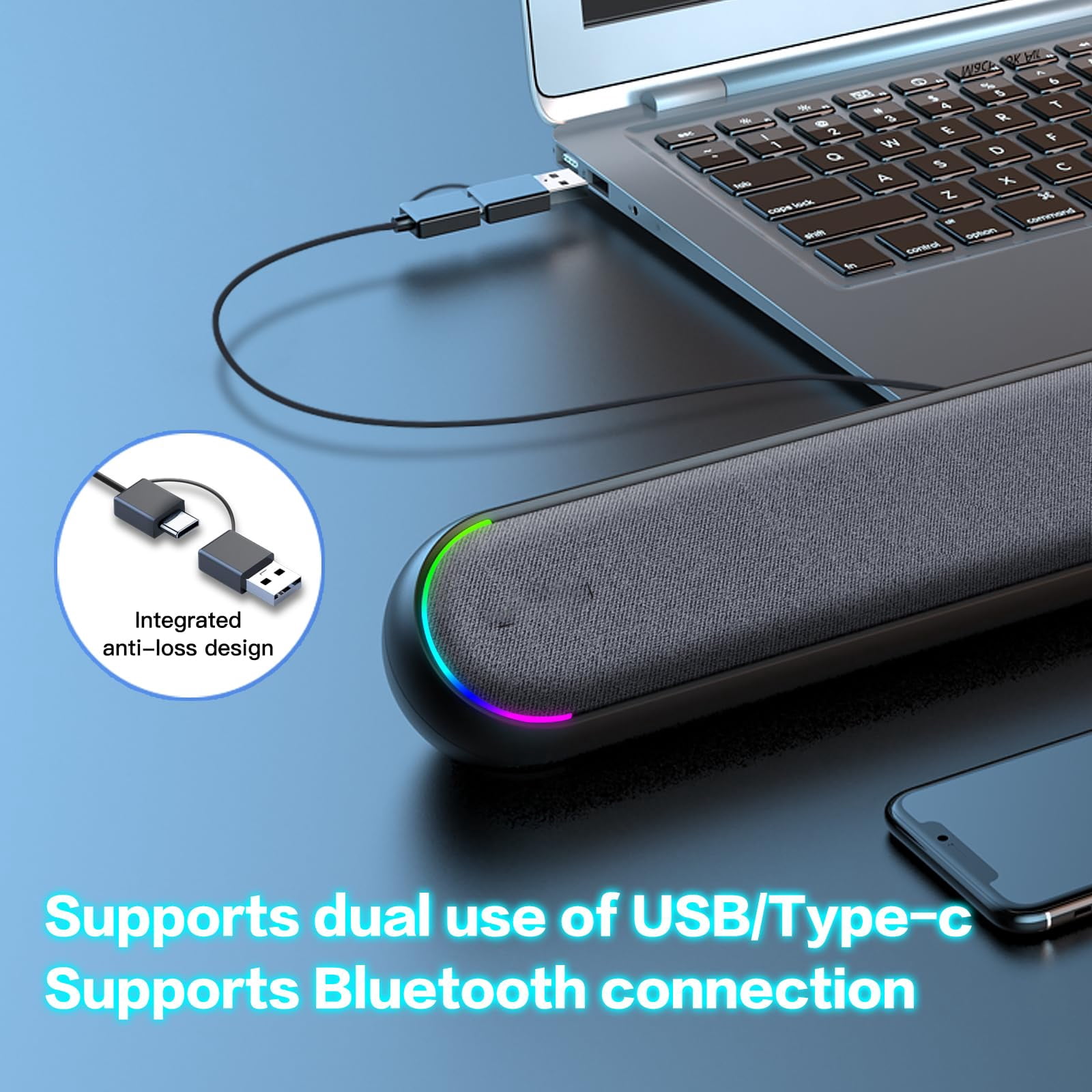 Desktop Computer Speakers, Stereo Soundbar, Bluetooth 5.3, USB/Type-C Power and Audio Transmission, Plug-and-Play, Compatible with PC, Mac, Laptops, Monitors, RGB Lighting, Wired Gaming Speakers