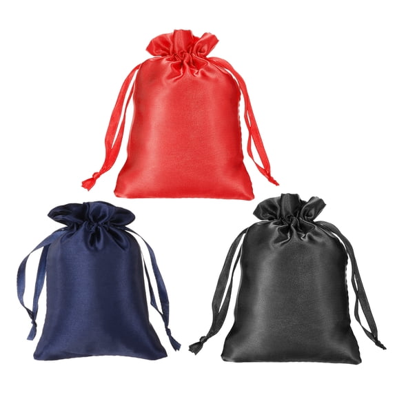 REGALWOVEN Satin Bags with Drawstring, Wedding Favor Bag for Party, Jewelry Pouch Red, Dark Blue, Black