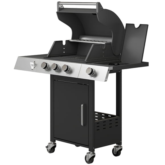 3-Burner Propane Gas Grill with Side Burner, 36,000 BTU BBQ Grill with Cast Iron Grates, Warming Rack, Storage Cabinet & Wheels, Stainless Steel Silver/Black for Patio & Garden