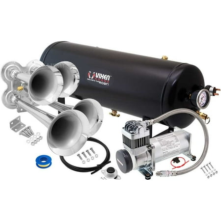 Chrome Air Horn - Vixen Horns Loud 149dB 4/Quad Chrome Trumpet Train Air Horn with 2.5 Gallon Tank and 200 PSI Compressor Full/Complete Onboard System/Kit VXO8325/4114