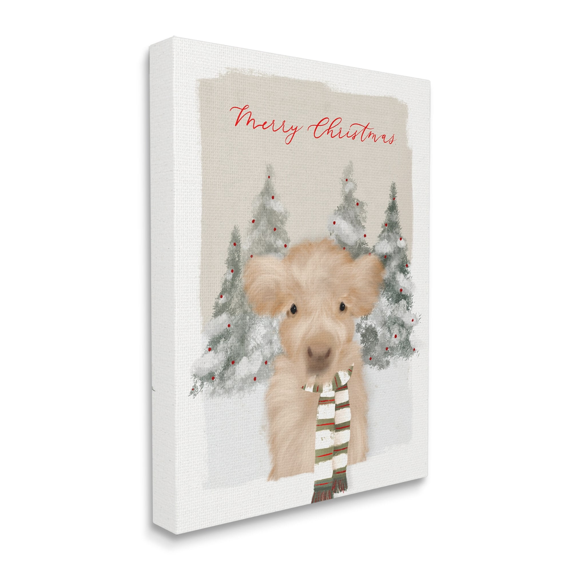Merry Christmas Fuzzy Baby Calf Cattle Striped Scarf Animals & Insects Graphic Art Gallery-Wrapped Canvas Print Wall Art