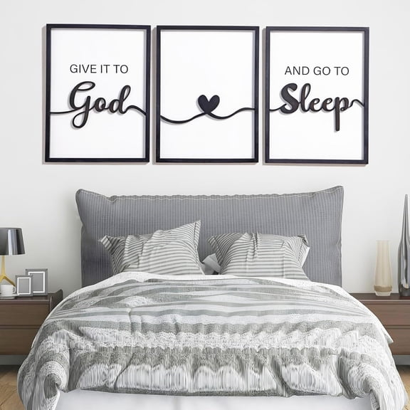 Framed 3D Wood Wall Art 3 Panels 12 x 16 Inch “Give it to God and Go to Sleep” Black and White Decorative Accent for Bedroom