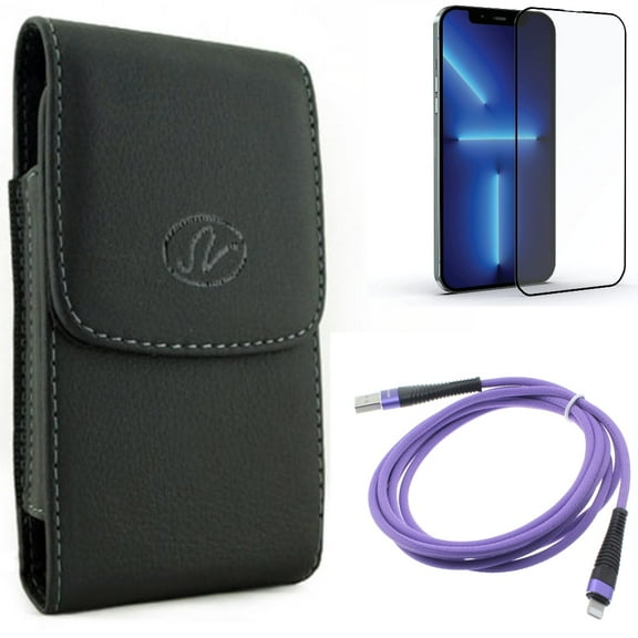 Screen Protector & Case Belt Clip & 6ft USB Cable for iPhone 13 Pro Max ONLY - Anti-Glare Tempered Glass Matte   Leather Holster Cover   Purple Charger Cord Power Combo