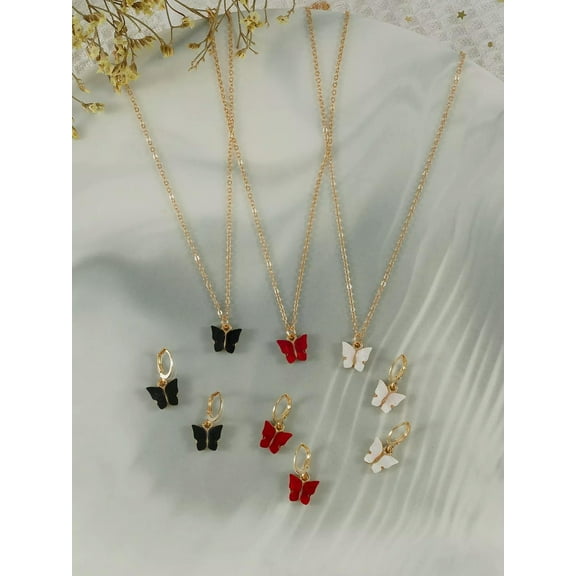 EOEMY 9Pcs Butterfly Decor Jewelry Set Necklace And Earrings Jewelry Gift For Women-Default