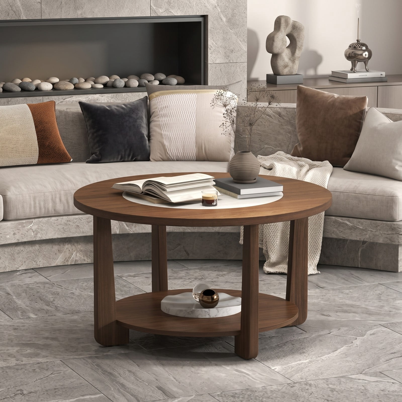 Furnibear Farmhouse Round Coffee Table, 2-Tier Accent Center Table with 2-Tone Tabletop and Open Storage Shelf, Solid Rubber Wood Legs, Round Cocktail Table for, Brown