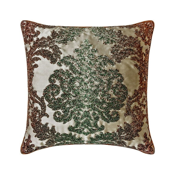 Decorative Brown & Green 14"x14" (35x35 cm) Pillow Covers, Velvet Victorian & Beaded Throw Pillows For Sofa, Damask Pattern Modern Style - Jade Damask
