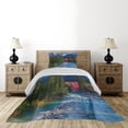 thumbnail image 3 of Ambesonne Landscape Quilted Coverlet 2 Pcs, River Log Lake Village, Twin Size, Green Blue and Dark Pink, 3 of 5