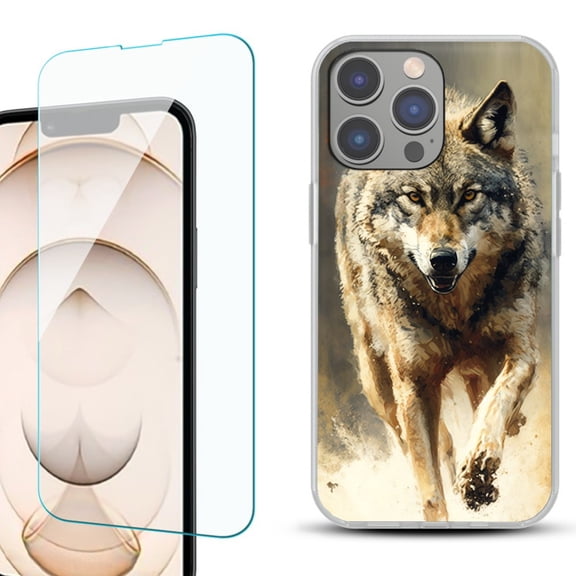 Slim-Fit TPU Phone Case for iPhone 14 Pro, with Tempered Glass Screen Protector, by OneToughShield ® - Running Wolf